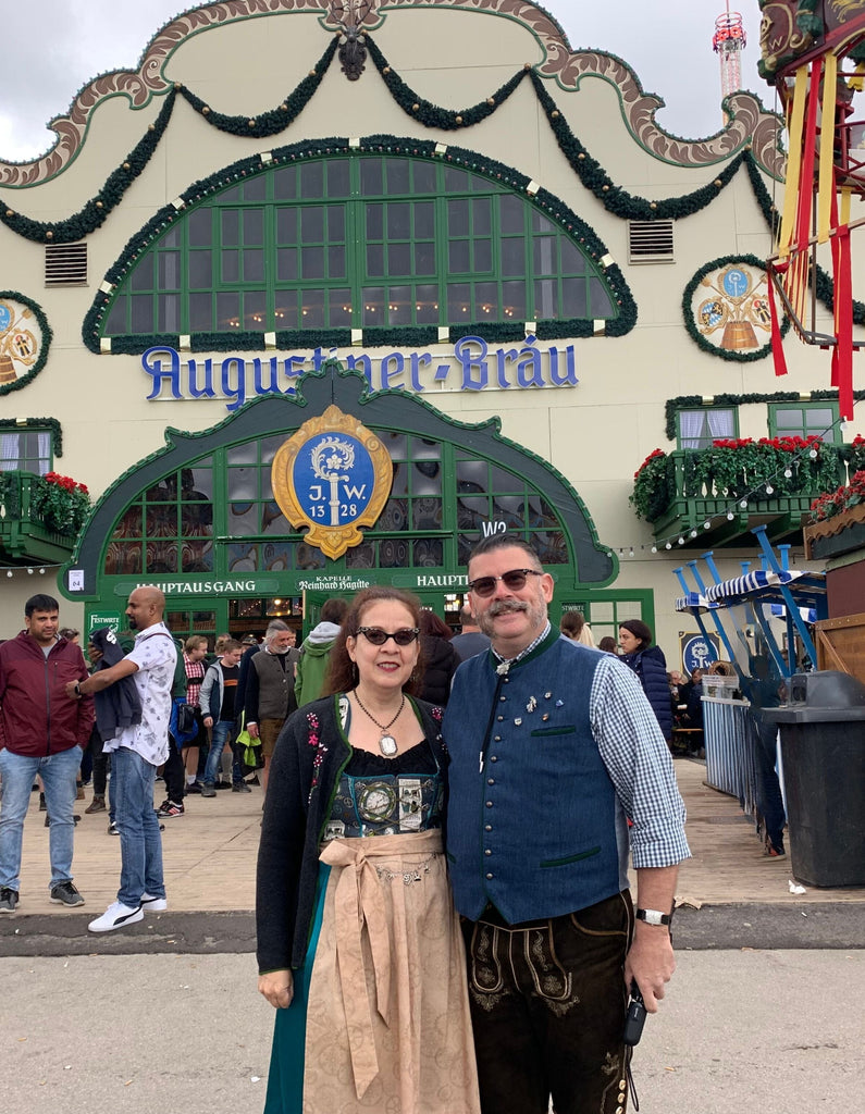 Maria and Troy in front of the Augustier-Brau beer tent at oktoberfest in munich germany 2022