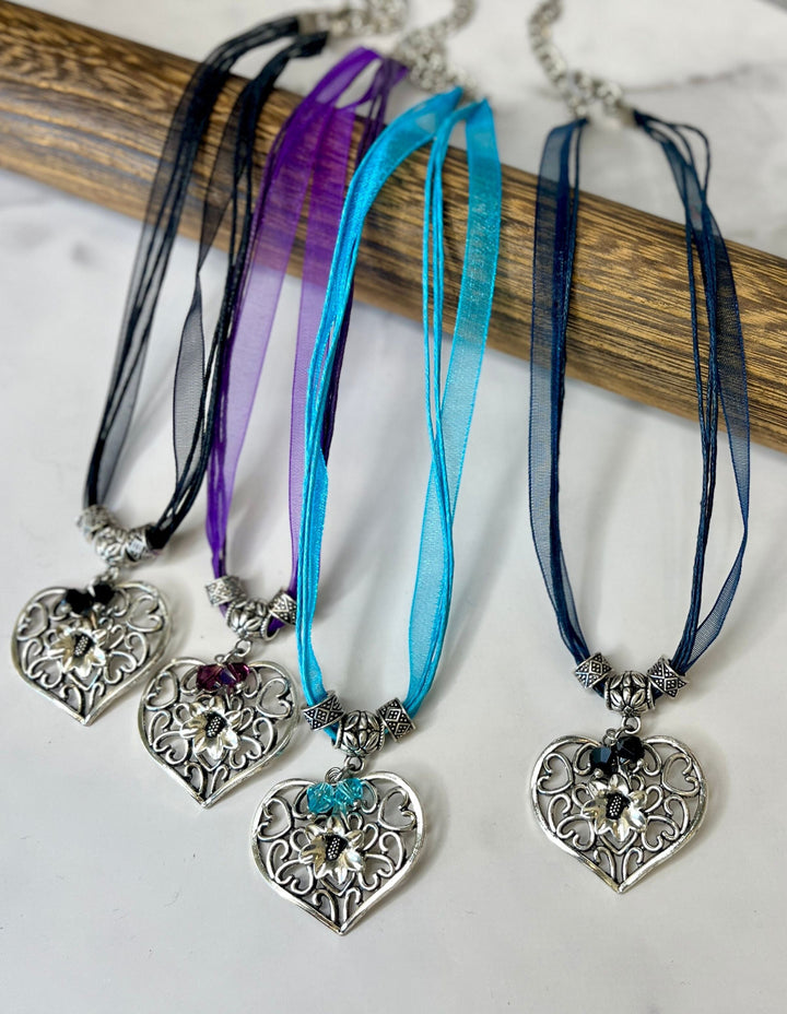 Filigree Heart and Gentian Flower Necklace