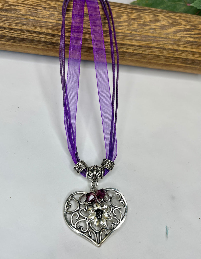 Filigree Heart and Gentian Flower Necklace Jewelry Kristen Hunger Creative Designs Purple 