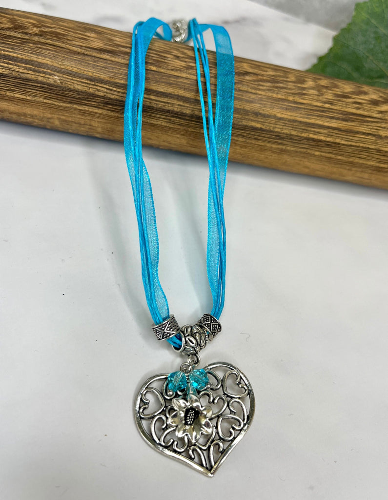 Filigree Heart and Gentian Flower Necklace Jewelry Kristen Hunger Creative Designs Turquoise 