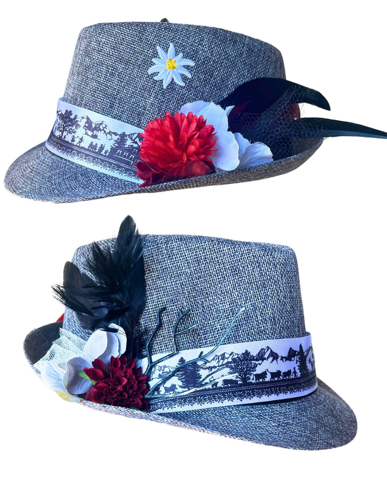 Grey Straw Bavarian Style Hat - Swiss Inspired Accessories Rare Dirndl 