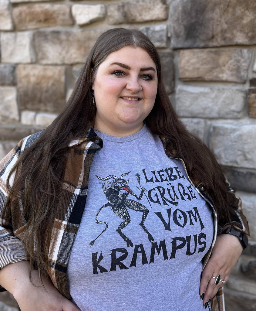 'Liebe Grüße vom Krampus' Short-Sleeve Unisex T-Shirt | Grey Krampus Rare Dirndl 