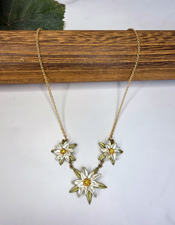 Three Edelweiss Botanical Statement Necklace